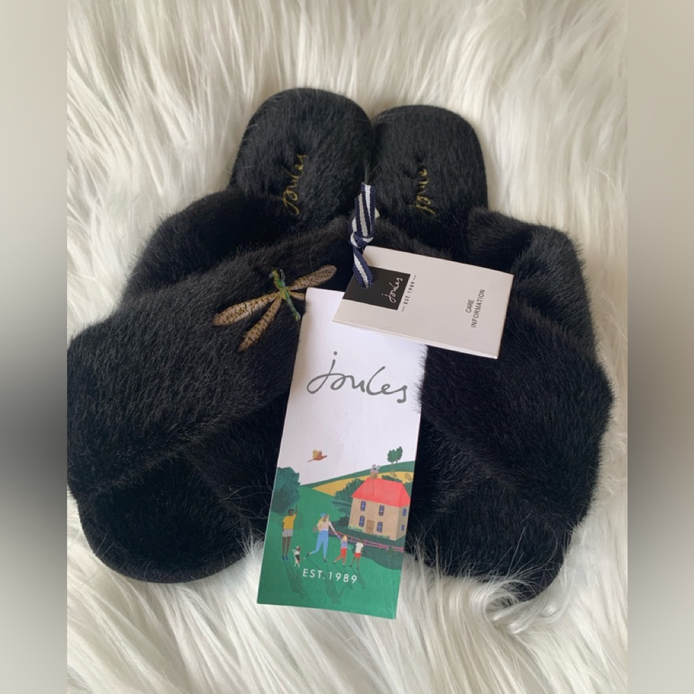JOULES ladies black Slippet Lux dragonfly slippers NWT size small (5-6)